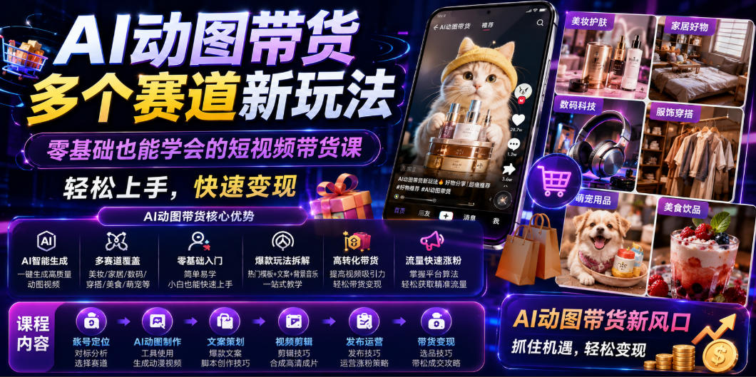 AI动图带货多个赛道新玩法，零基础也能学会的短视频带货课，轻松上手，快速变现-云启智联