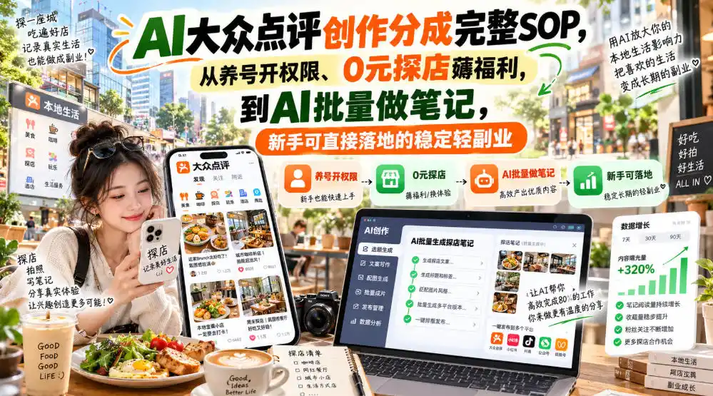 【无水印】AI大众点评创作分成完整SOP，从养号开权限、0元探店薅福利，到AI批量做笔记，新手可直接落地的稳定轻副业-云启智联