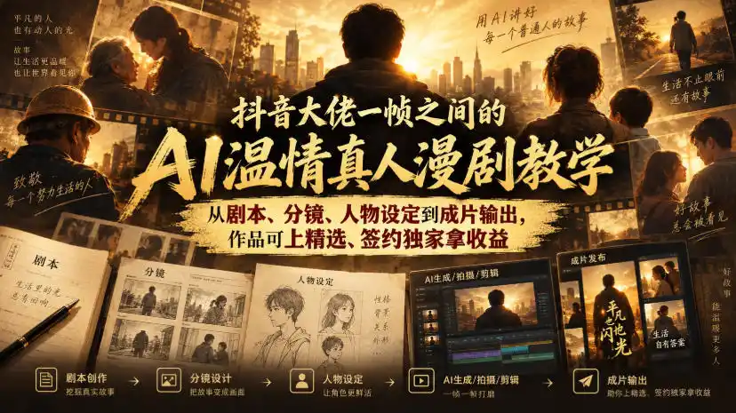 抖音大佬一帧之间的AI温情真人漫剧教学，从剧本、分镜、人物设定到成片输出，作品可上精选、签约独家拿收益-云启智联