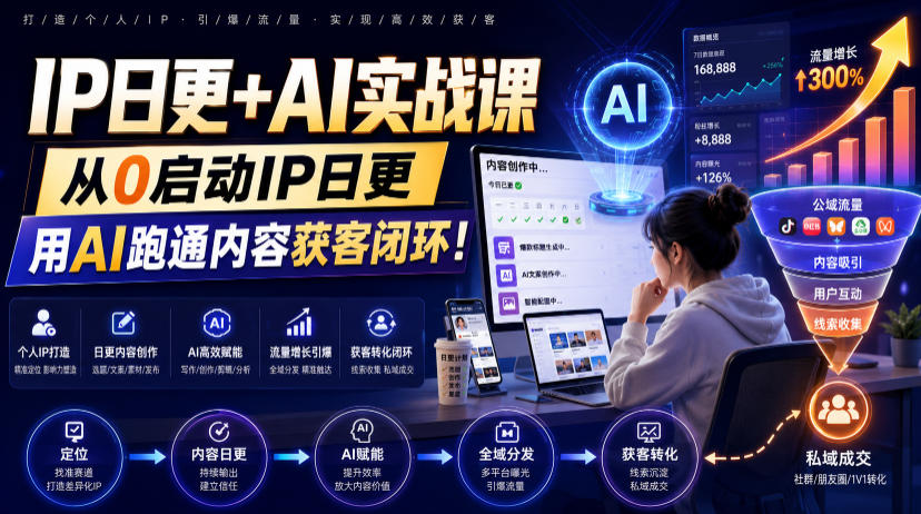 IP日更+AI实战课，从0启动IP日更，IP置顶视频制作+100条选题库搭建+10条日更规划，用AI跑通内容获客闭环!-云启智联