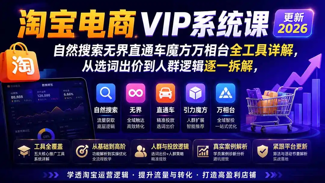 淘宝电商VIP系统课-更新8月；自然搜索无界直通车魔方万相台全工具详解，从选词出价到人群逻辑逐一拆解-云启智联