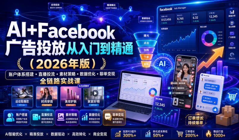 AI+Facebook广告投放从入门到精通(2026年版)｜账户体系搭建・直播投流・素材策略・数据优化・聊单变现全链路实战课-云启智联