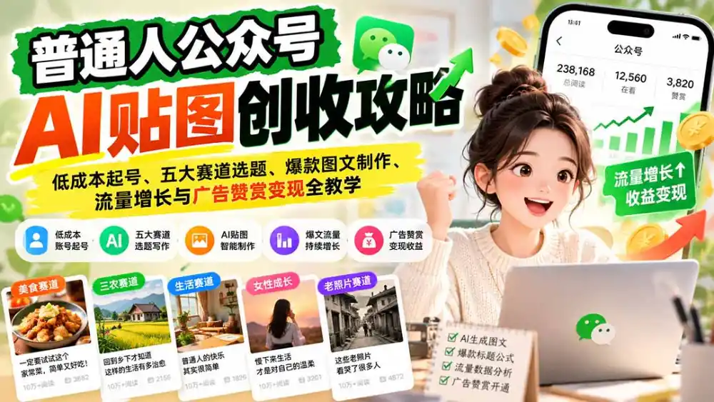 普通人公众号AI贴图创收攻略：低成本起号、五大赛道选题、爆款图文制作、流量增长与广告赞赏变现全教学-云启智联