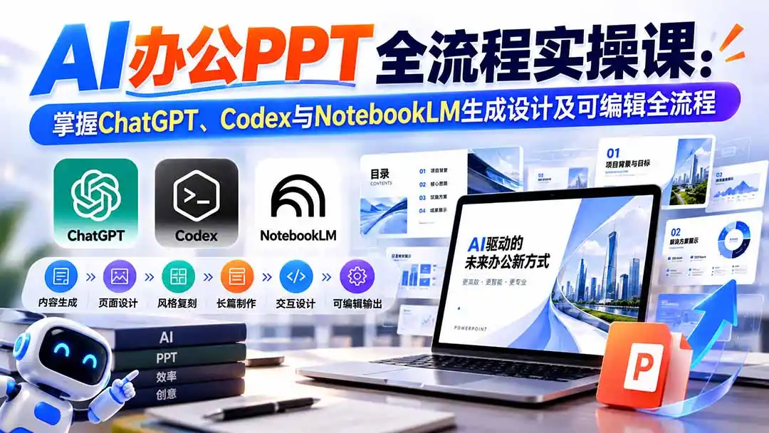 【无水印】AI办公PPT全流程实操课： 掌握ChatGPT、Codex与NotebookLM生成设计及可编辑全流程-云启智联