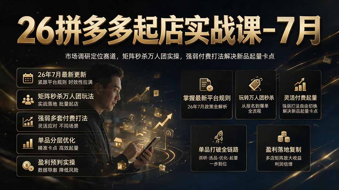 26拼多多起店实战课-7月｜市场调研定位赛道，矩阵秒杀万人团实操，强弱付费打法解决新品起量卡点-云启智联