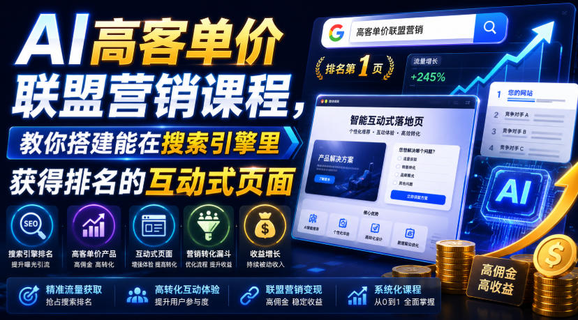 AI高客单价联盟营销课程，教你搭建能在搜索引擎里获得排名的互动式页面，引来流量，把访客转化为高佣金的成交【原创双语字幕】-云启智联