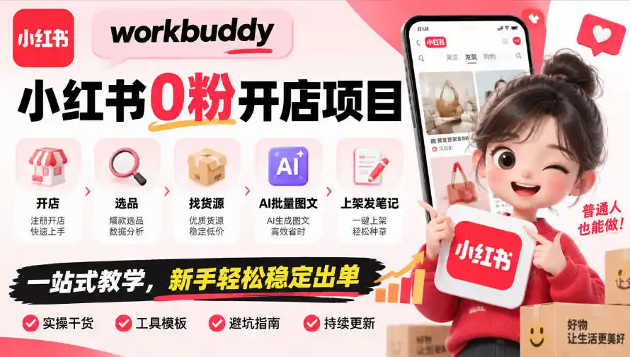 workbuddy小红书0粉开店项目，开店、选品、找货源、AI批量图文、上架发笔记一站式教学，新手轻松稳定出单-云启智联