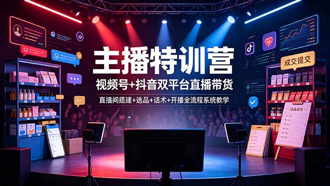 主播特训营：视频号+抖音双平台直播带货，直播间搭建+选品+话术+开播全流程系统教学-云启智联