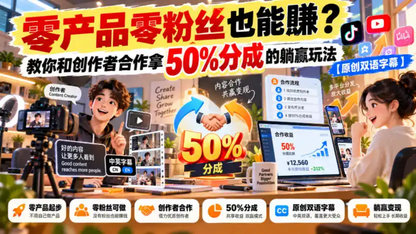 【无水印】零产品零粉丝也能賺？教你和创作者合作拿50%分成的躺赢玩法【原创双语字幕】-云启智联