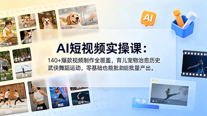 AI短视频实操课：140+爆款视频制作全覆盖，育儿宠物治愈历史武侠舞蹈运动，零基础也能批量产出-云启智联