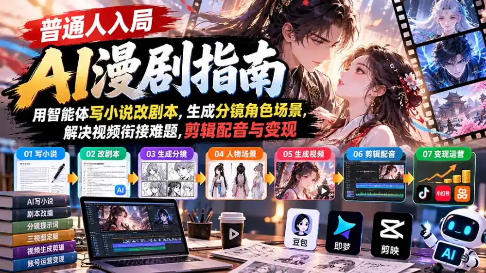 【无水印】普通人入局AI漫剧指南:用智能体写小说改剧本,生成分镜角色场景,解决视频衔接难题,剪辑配音与变现-云启智联