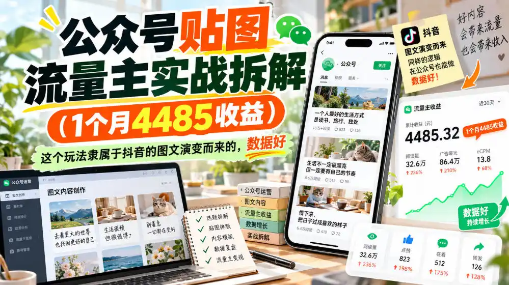 公众号贴图流量主实战拆解(1个月4485收益),这个玩法隶属于抖音的图文演变而来的,数据好-云启智联