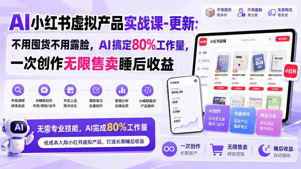AI小红书虚拟产品实战课-更新1017：不用囤货不用露脸，AI搞定80%工作量，一次创作无限售卖睡后收益-云启智联