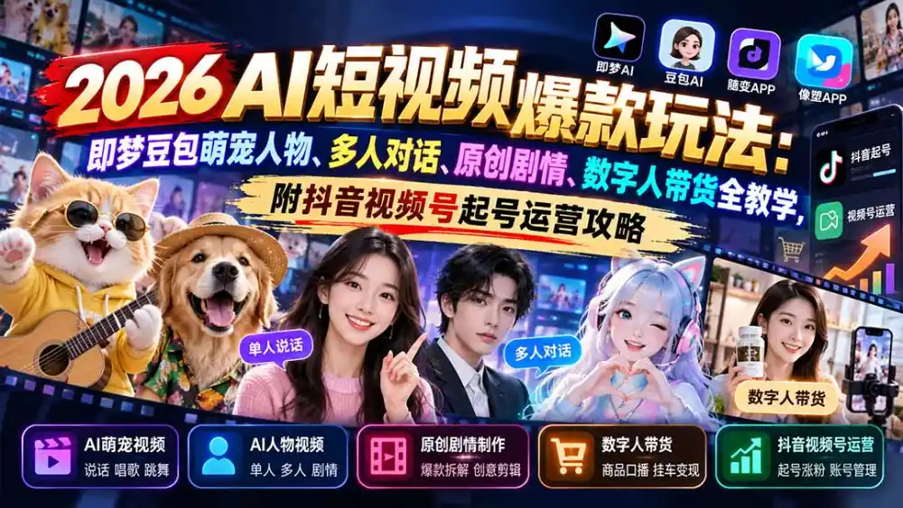 2026AI短视频爆款玩法:即梦豆包萌宠人物、多人对话、原创剧情、数字人带货全教学,附抖音视频号起号运营攻略-云启智联