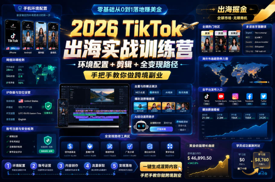 2026 TikTok出海实战训练营，环境配置 + 剪辑 + 全变现路径，手把手教你做跨境副业-云启智联