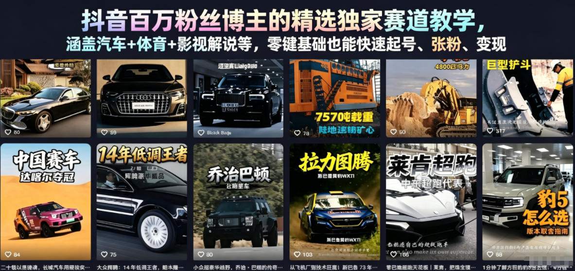 抖音百万粉丝博主的精选独家赛道教学，涵盖汽车+体育+影视解说等，零基础也能快速起号、涨粉、变现-云启智联