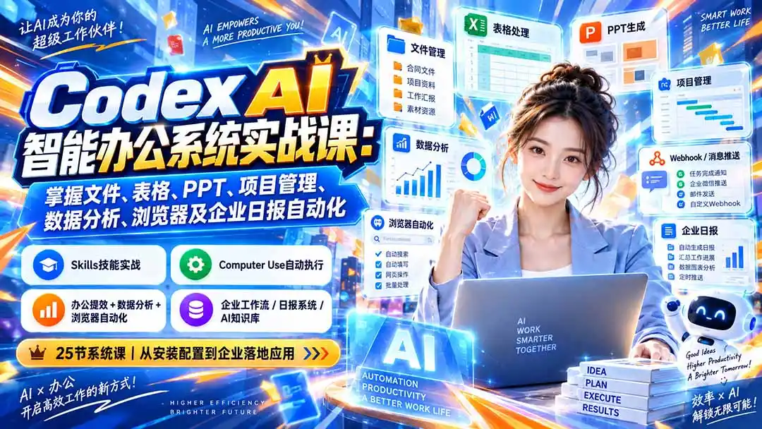 Codex AI智能办公系统实战课：掌握文件、表格、PPT、项目管理、数据分析、浏览器及企业日报自动化-云启智联