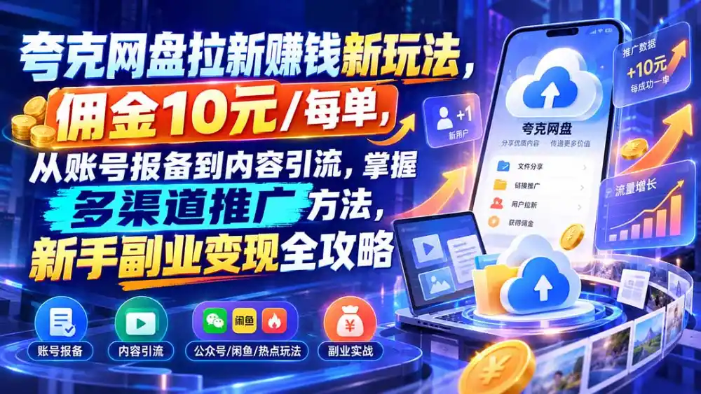 夸克网盘拉新赚钱新玩法，佣金10元/每单，从账号报备到内容引流，掌握多渠道推广方法，新手副业变现全攻略-云启智联