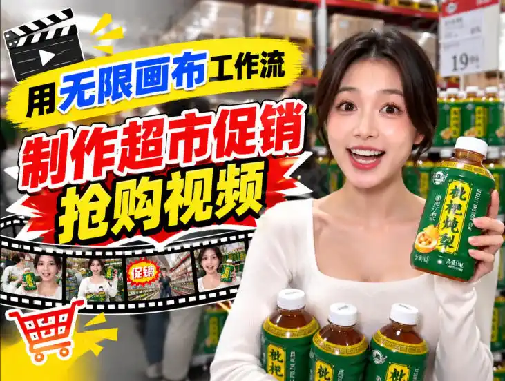 无限画布超市促销抢购视频工作流，一键产出TikTok抖音带货短视频-云启智联