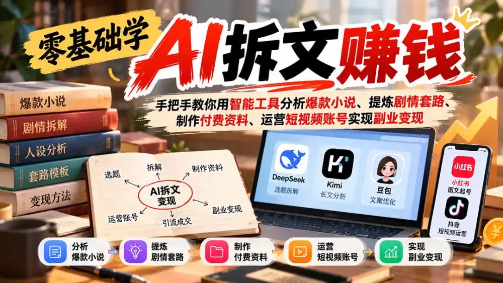 零基础学AI拆文赚钱：手把手教你用智能工具分析爆款小说、提炼剧情套路、制作付费资料、运营短视频账号实现副业变现-云启智联