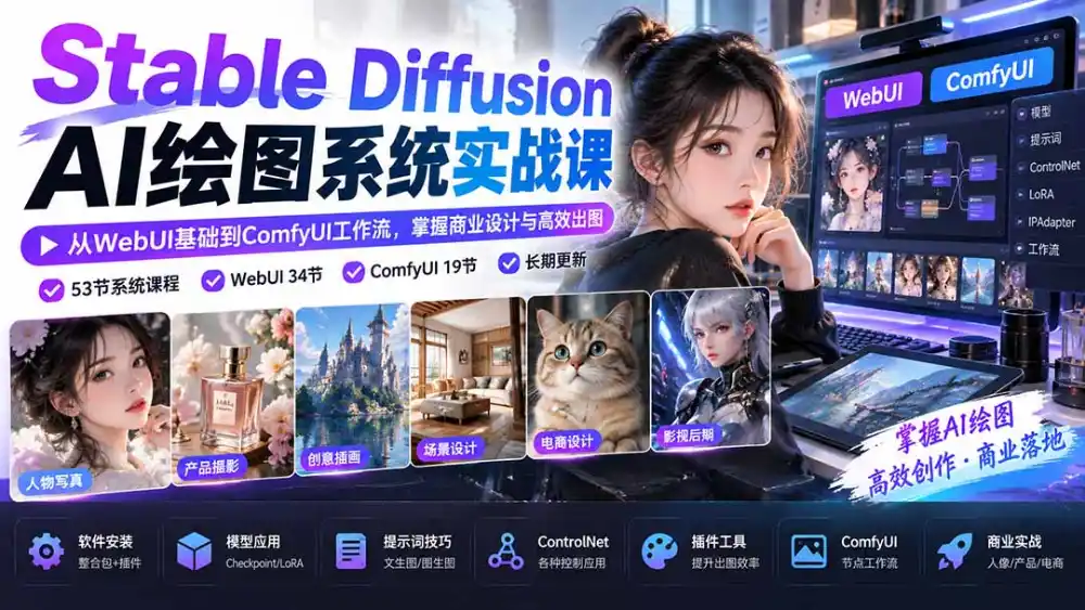 【无水印】Stable Diffusion AI绘图系统实战课：从WebUI基础到ComfyUI工作流，掌握商业设计与高效出图-云启智联