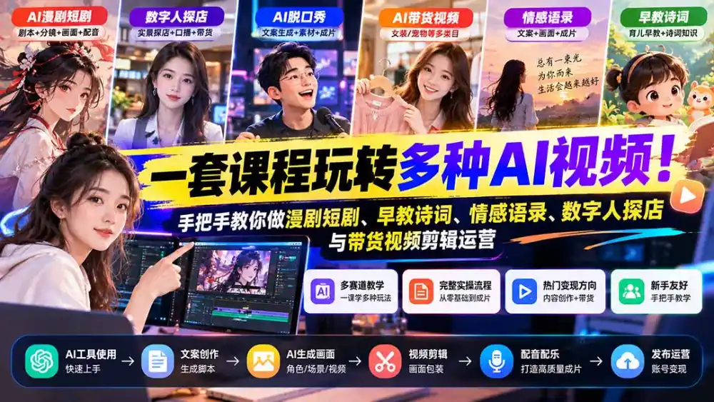 【无水印】一套课程玩转多种AI视频！手把手教你做漫剧短剧、早教诗词、情感语录、数字人探店与带货视频剪辑运营-云启智联
