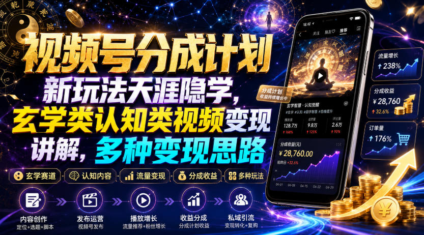视频号分成计划新玩法天涯隐学，玄学类认知类视频变现讲解，多种变现思路-云启智联