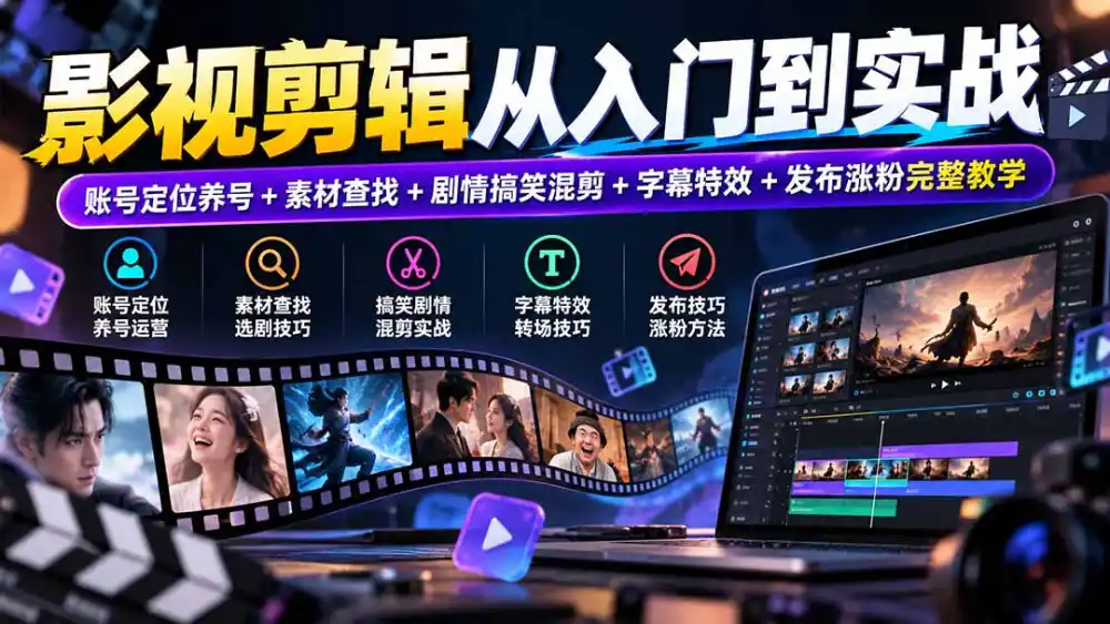 影视剪辑从入门到实战：账号定位养号+素材查找+剧情搞笑混剪+字幕特效+发布涨粉完整教学-云启智联