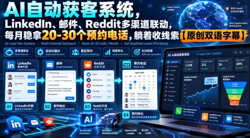 【无水印】AI自动获客系统，LinkedIn、邮件、Reddit多渠道联动，每月稳拿20-30个预约电话，躺着收线索【原创双语字幕】-云启智联