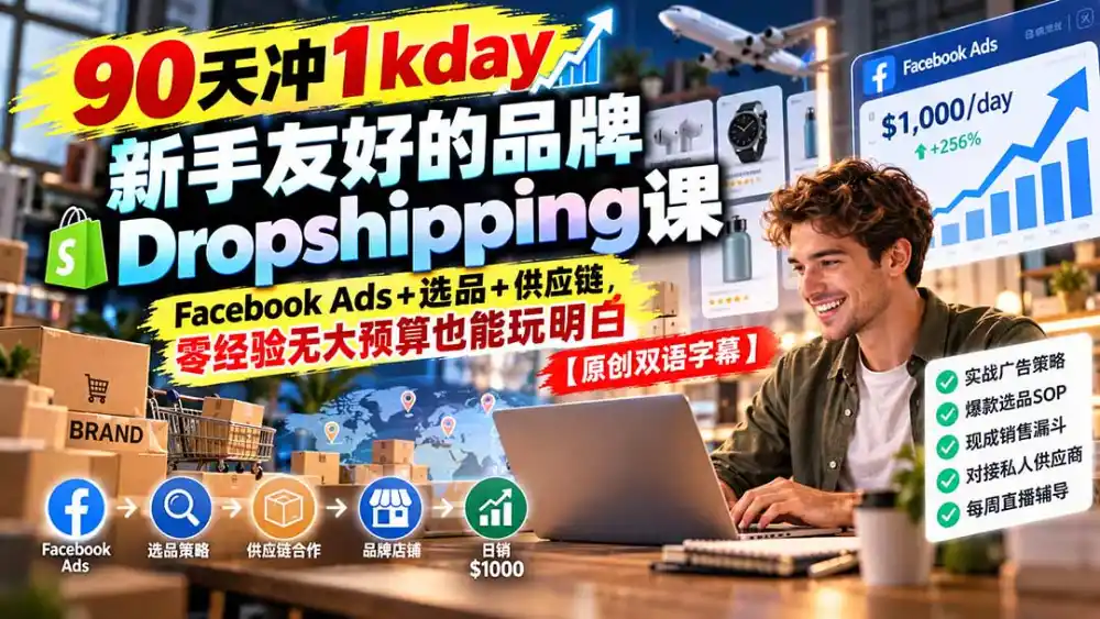 90天冲1kday 新手友好的品牌Dropshipping课：Facebook Ads+选品+供应链，零经验无大预算也能玩明白【原创双语字幕】-云启智联