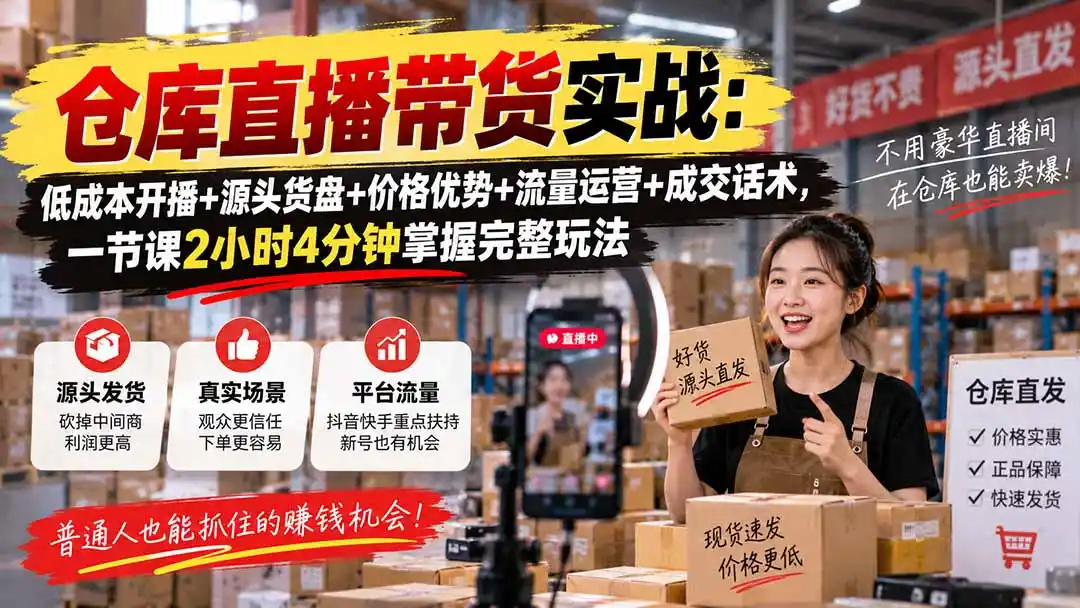 仓库直播带货实战：低成本开播+源头货盘+价格优势+流量运营+成交话术，一节课2小时4分钟掌握完整玩法-云启智联