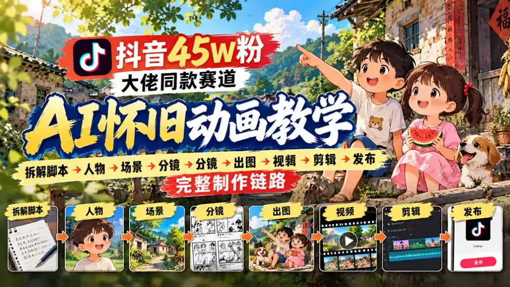 抖音45W粉大佬同款赛道AI怀旧动画教学：拆解脚本→人物→场景→分镜→出图→视频→剪辑→发布完整制作链路-云启智联