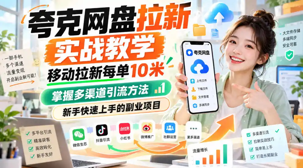 夸克网盘拉新实战教学,移动拉新每单10米,掌握多渠道引流方法,新手快速上手的副业项目(更新1017)-云启智联