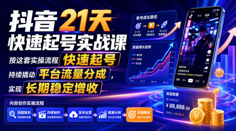 抖音21天快速起号实战课，按这套实操流程快速起号，持续撬动平台流量分成，实现长期稳定增收-云启智联