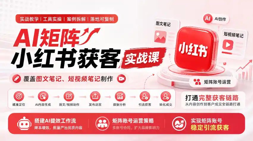 AI矩阵小红书获客实战课，覆盖图文笔记、短视频笔记制作，打通完整获客链路，搭建AI提效工作流，实现矩阵账号稳定引流获客-云启智联