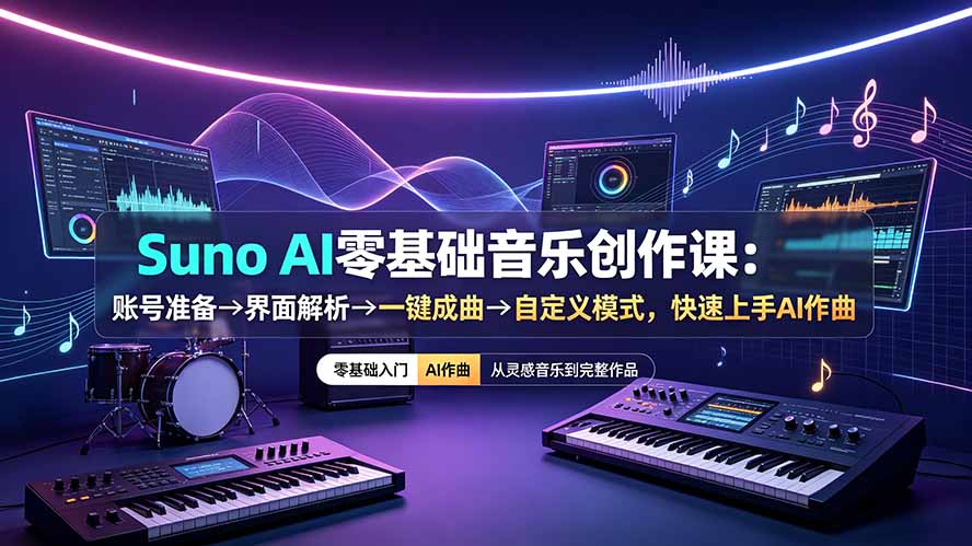 Suno AI零基础音乐创作课：账号准备→界面解析→一键成曲→自定义模式，快速上手AI作曲-云启智联