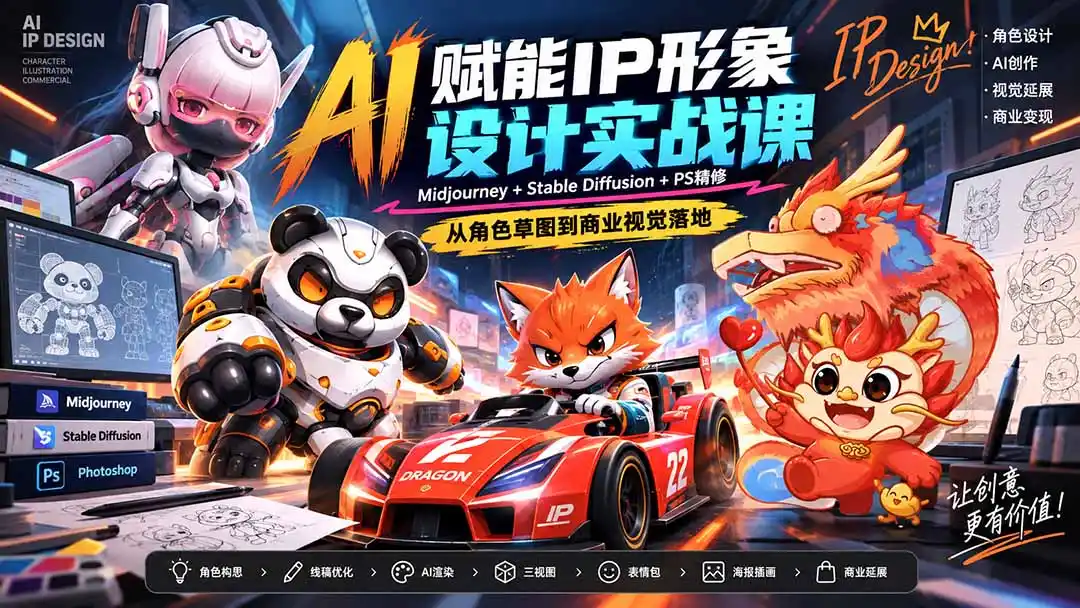 AI赋能IP形象设计实战课-无水印：Midjourney+Stable Diffusion+PS精修，从角色草图到商业视觉落地-云启智联