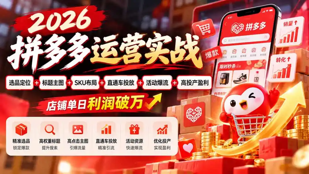 2026拼多多运营实战-更新1002：选品定位+标题主图+SKU布局+直通车投放+活动爆流+高投产盈利 店铺单日利润破万-云启智联