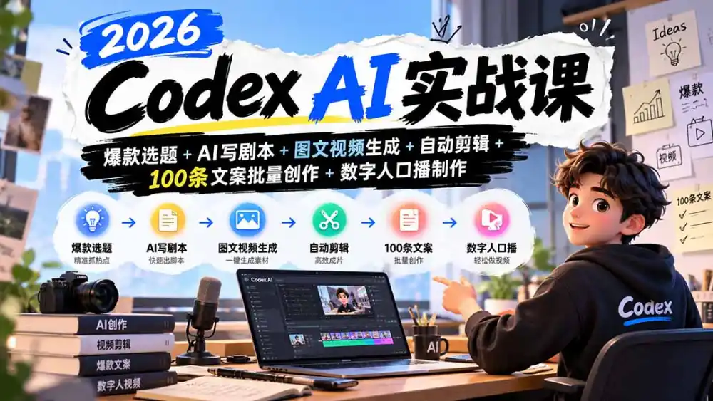 2026Codex AI实战课：爆款选题+AI写剧本+图文视频生成+自动剪辑+100条文案批量创作+数字人口播制作-云启智联