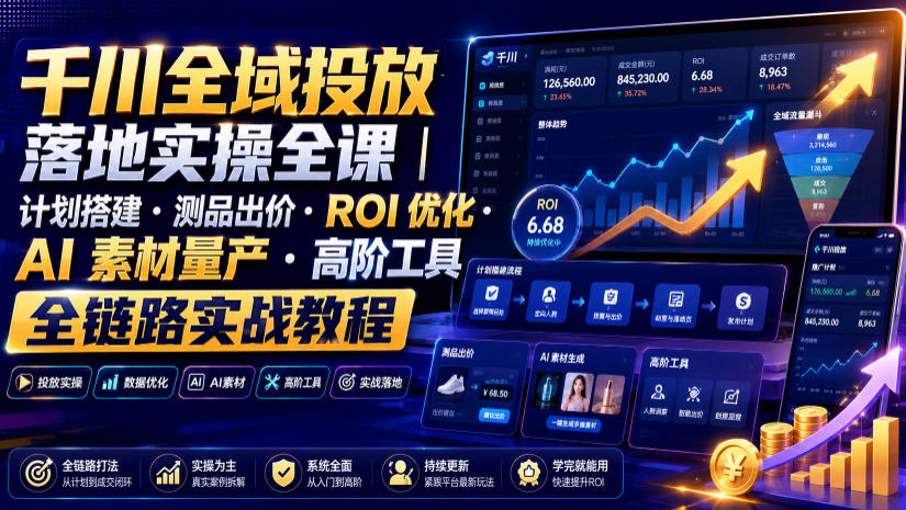 千川全域投放落地实操全课｜计划搭建・测品出价・ROI优化・AI素材量产・高阶工具全链路实战教程-云启智联