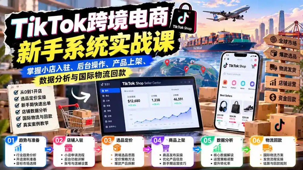 TikTok跨境电商新手系统实战课：掌握小店入驻、后台操作、产品上架、数据分析与国际物流回款-云启智联