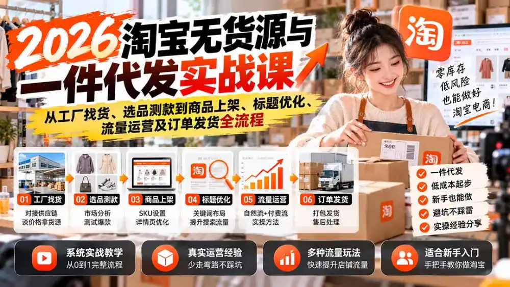 2026淘宝无货源与一件代发实战课：从工厂找货、选品测款到商品上架、标题优化、流量运营及订单发货全流程-云启智联