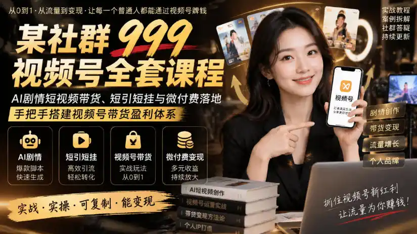 某社群999视频号全套课程，AI剧情短视频带货、短引短挂与微付费落地，手把手搭建视频号带货盈利体系-云启智联