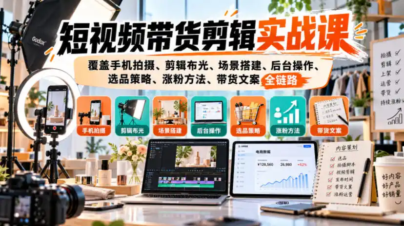 短视频带货剪辑实战课，覆盖手机拍摄、剪辑布光、场景搭建、后台操作、选品策略、涨粉方法、带货文案全链路-云启智联