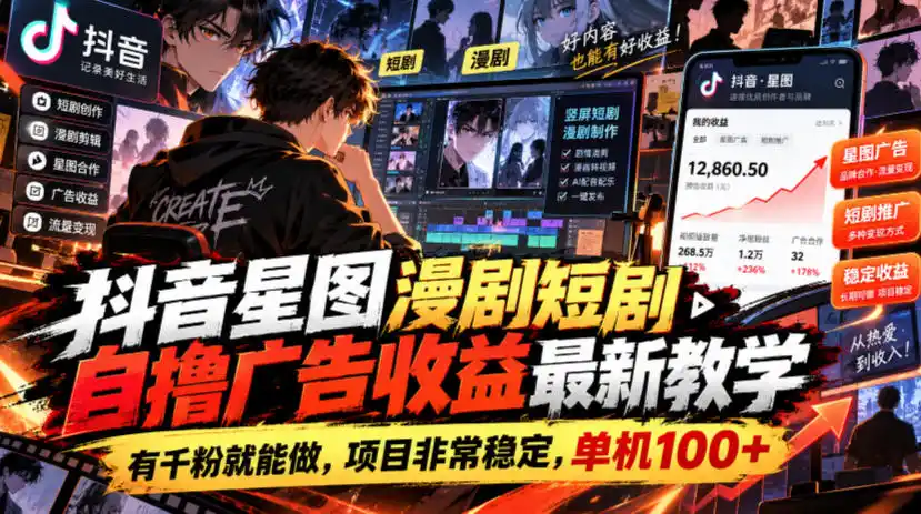 抖音星图漫剧短剧自撸广告收益最新教学,有千粉就能做,项目非常稳定,单机100+-云启智联