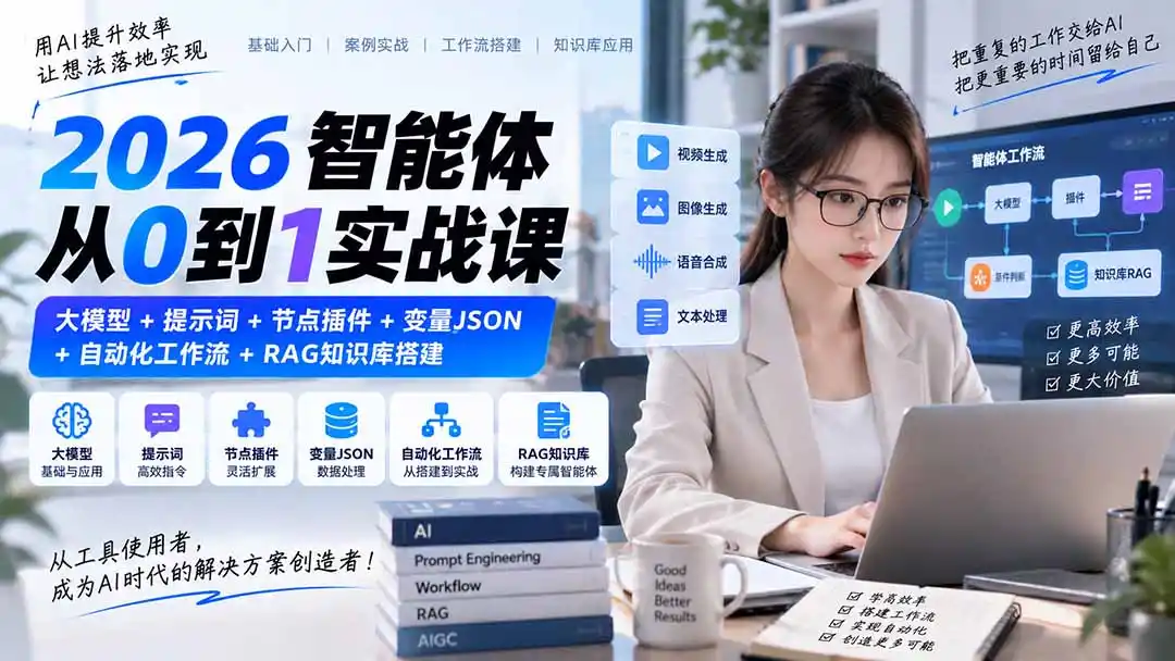 2026智能体从0到1实战课｜大模型+提示词+节点插件+变量JSON+自动化工作流+RAG知识库搭建-云启智联
