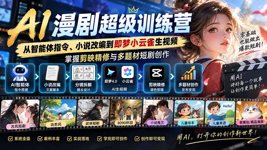 AI漫剧超级特训营：从智能体指令、小说改编到即梦小云雀生视频，掌握剪映精修与多题材短剧创作-云启智联