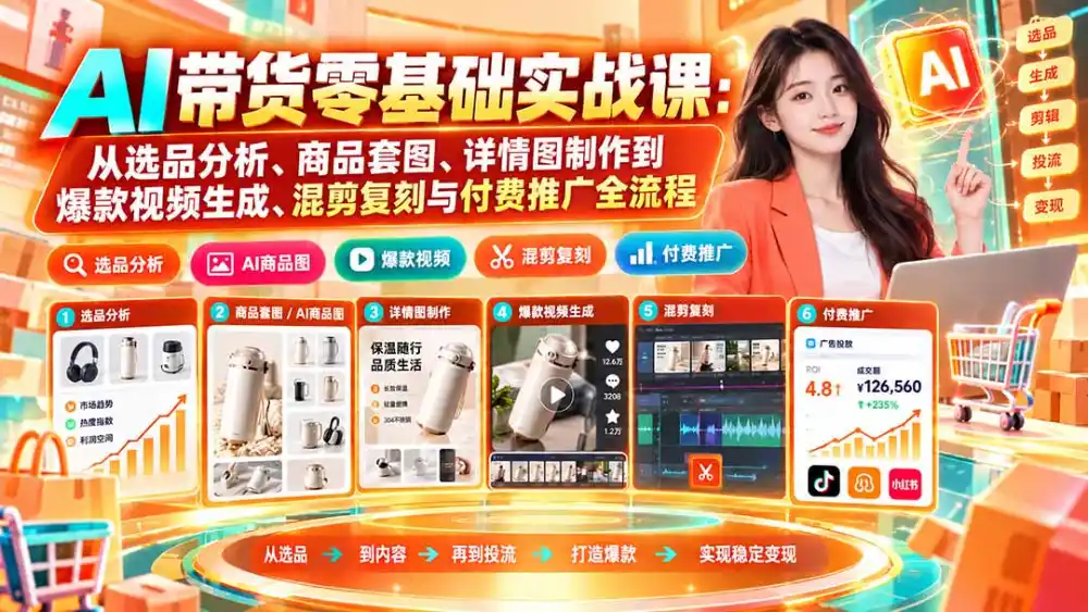 AI带货零基础实战课：从选品分析、商品套图、详情图制作到爆款视频生成、混剪复刻与付费推广全流程-云启智联