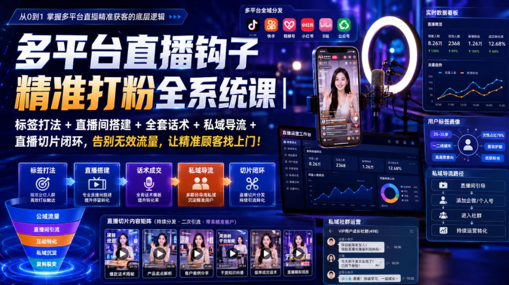 多平台直播钩子精准打粉全系统课｜标签打法+直播间搭建+全套话术+私域导流+直播切片闭环，告别无效流量，让精准顾客找上门！-云启智联