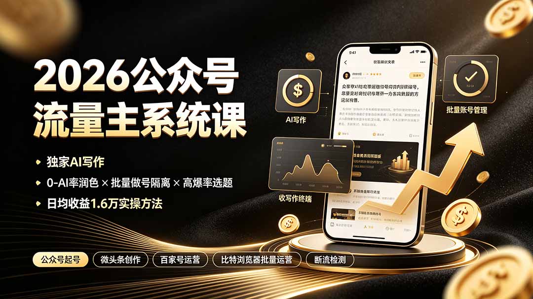 2026公众号流量主系统课：独家AI写作×0-AI率润色×批量做号隔离×高爆率选题，日均收益1.6万实操方法-云启智联